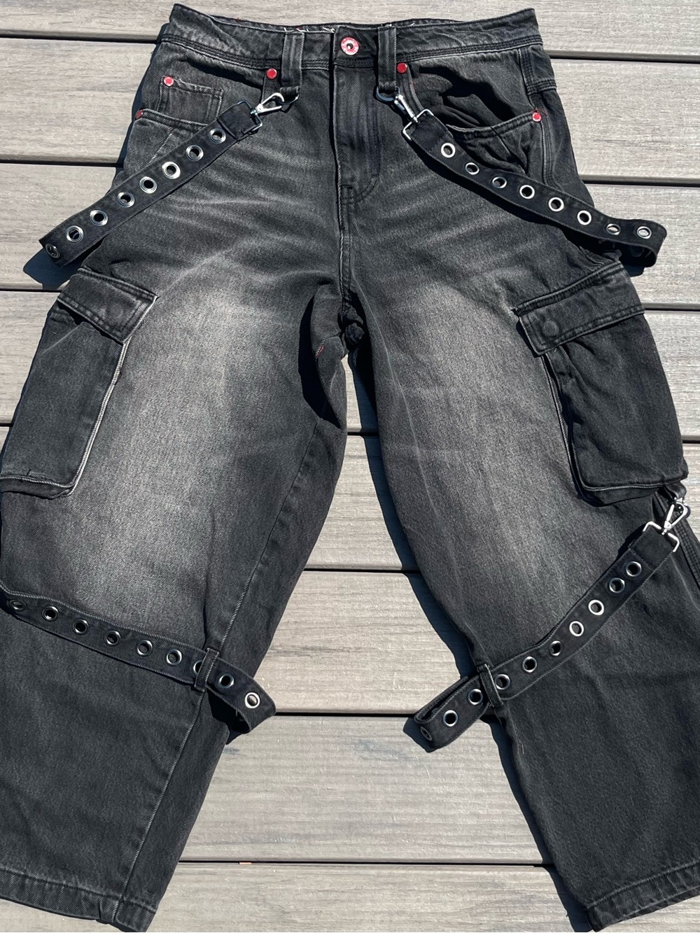 Vitriol; Black; Utility Gorp-Core Cargo Pants; Wide Leg; Grommet Buckles; US28